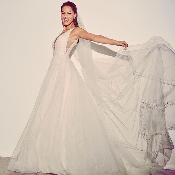 Plunging Sequin Tulle Ball Gown Wedding Dress - Picture 4 of 5
